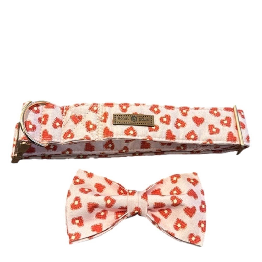 Lionet Paws Pink and Red Heart Dog Collar and Bowtie NWT